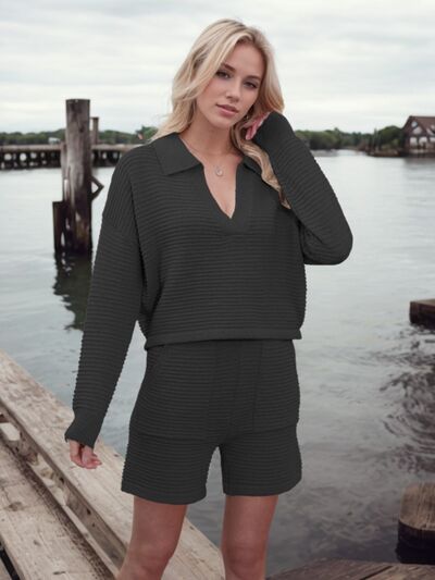 Johnny Collar Long Sleeve Top and Shorts Sweater Set | Hanalas