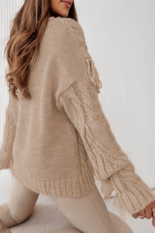 Cable Knit Fringe Round Neck Long Sleeve Sweater | Hanalas