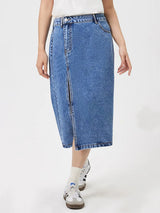 Slit Midi Denim Skirt with Pockets