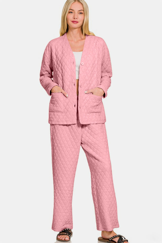 Zenana Quilted Button Up Long Sleeve Top and Pants Lounge Set | Hanalas