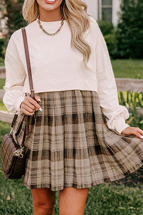 Plaid Round Neck Long Sleeve Mini Dress | Hanalas