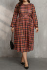 Plus Size Plaid Round Neck Long Sleeve Midi Dress | Hanalas