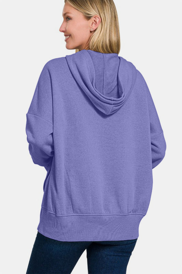 Zenana Half Snap Long Sleeve Hoodie with Kangaroo Pocket | Hanalas