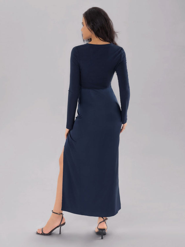 Split Round Neck Long Sleeve Midi Dress Trendsi Hanalas