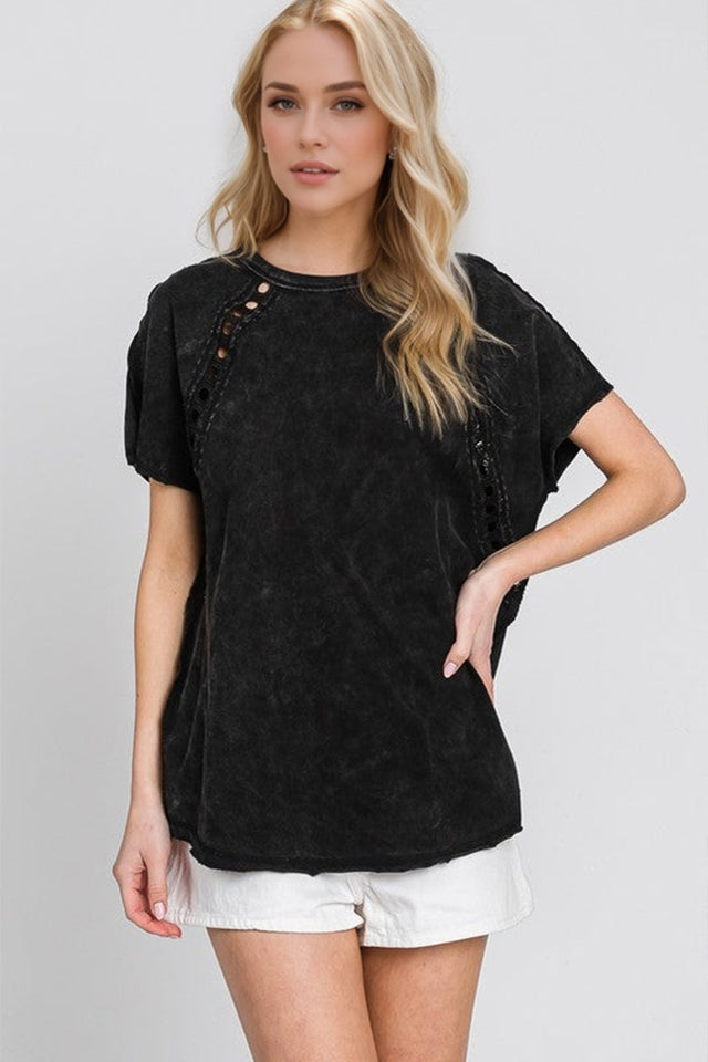 Double Take Full Size Cutout Round Neck Short Sleeve T-Shirt | Hanalas