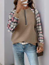 Perfee Plaid Half Zip Long Sleeve Texture Sweatshirt