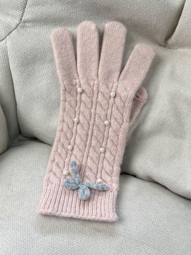 Thermal Pearl Detail Bow Five-Finger Gloves | Hanalas