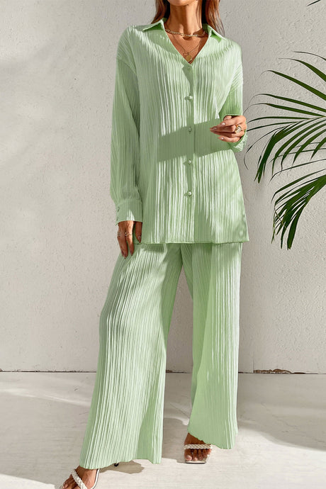 Johnny Collar Button Down Top and Pants Set | Hanalas