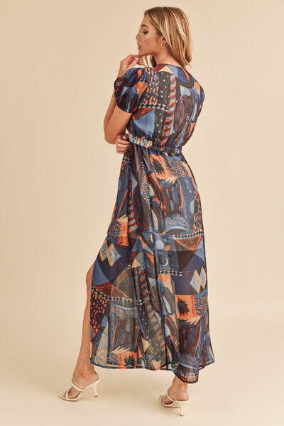 Aemi + Co Lace Detail Slit Geometric Print Short Sleeve Maxi Dress | Hanalas