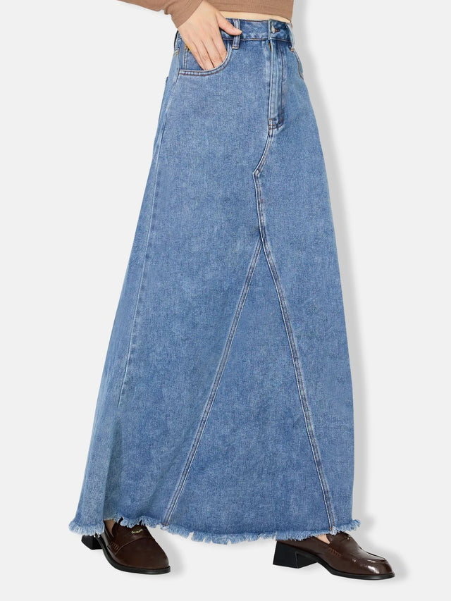 Raw Hem Maxi Denim Skirt Trendsi Hanalas