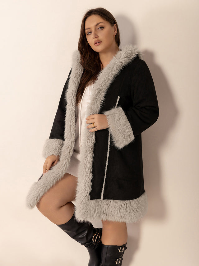 Plus Size Fuzzy Trim Open Front Long Sleeve Hooded Coat Trendsi Hanalas