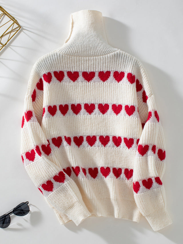 Heart Turtleneck Dropped Shoulder Sweater | Hanalas