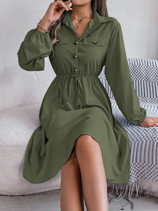 Collared Neck Long Sleeve Dress with Pockets