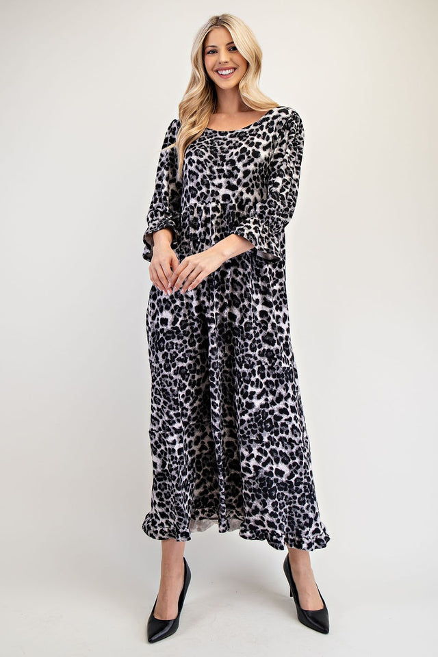 Celeste Full Size Leopard Round Neck Flounce Sleeve Dress | Hanalas