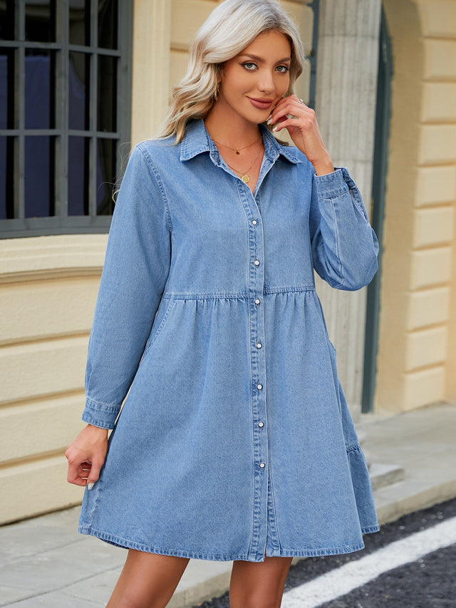 Tiered Button Up Long Sleeve Denim Dress Trendsi Hanalas