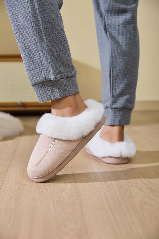 Fluff Trim Round Toe Flat Slippers | Hanalas