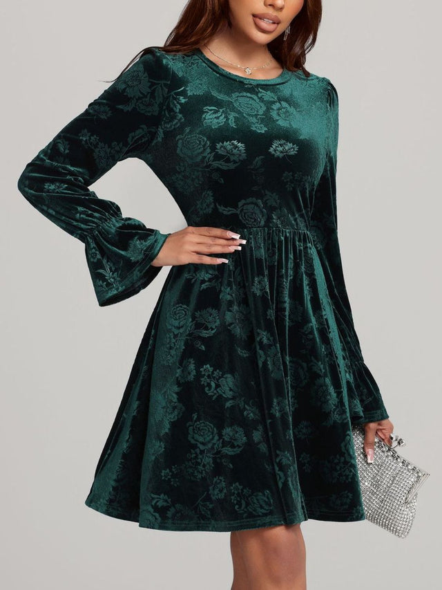 Tied Flower Print Round Neck Flounce Sleeve Dress | Hanalas