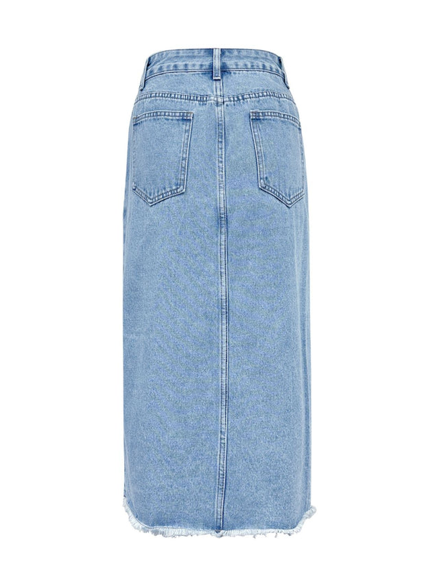 Raw Hem Slit Midi Denim Skirt | Hanalas