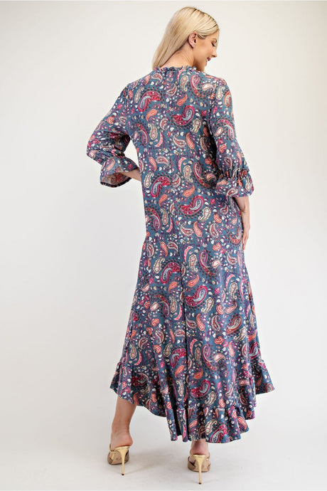 Celeste Full Size Ruffle Hem Paisley Round Neck Dress | Hanalas