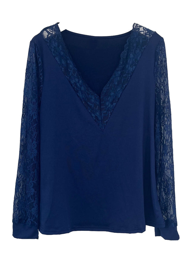 Full Size Lace Detail V-Neck Long Sleeve Blouse | Hanalas