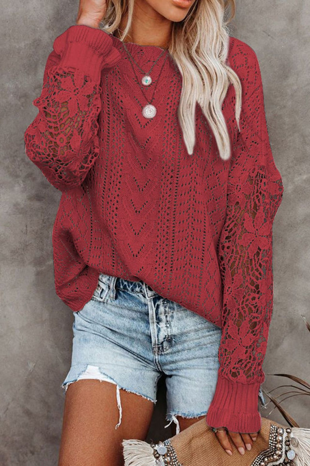 Openwork Round Neck Long Sleeve Sweater | Hanalas