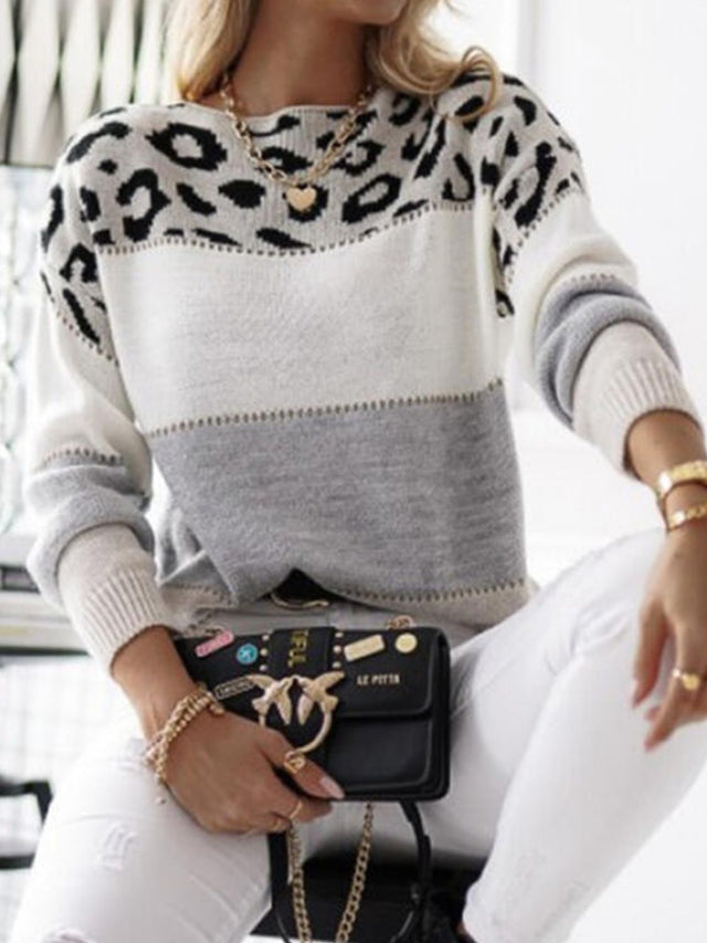 Leopard Color Block Round Neck Long Sleeve Sweater | Hanalas