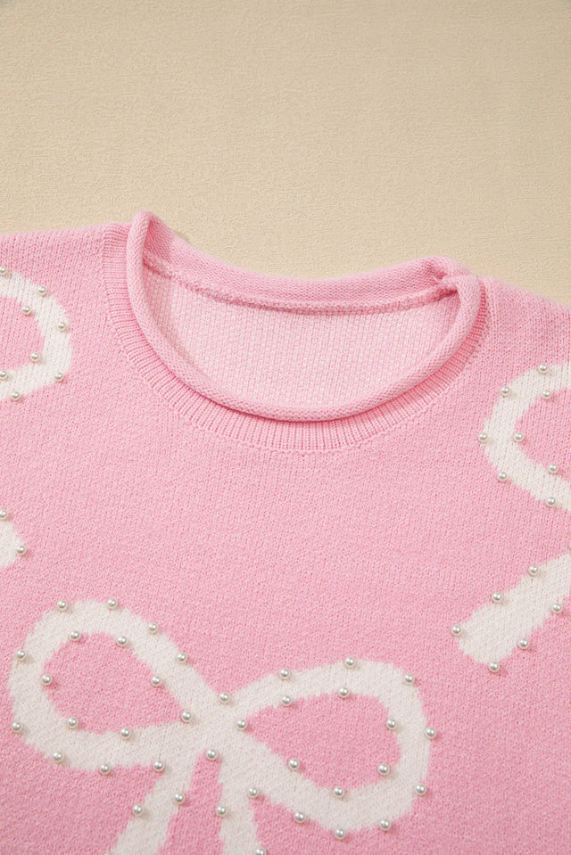 Pearl Detail Bow Round Neck Long Sleeve Sweater Trendsi Hanalas