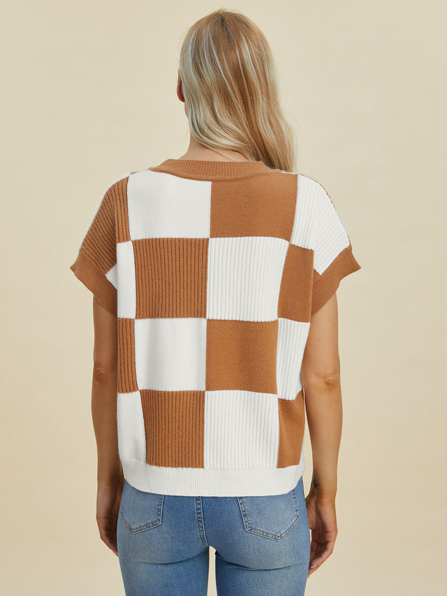 Double Take Full Size Checkered Round Neck Short Sleeve Sweater Trendsi Hanalas