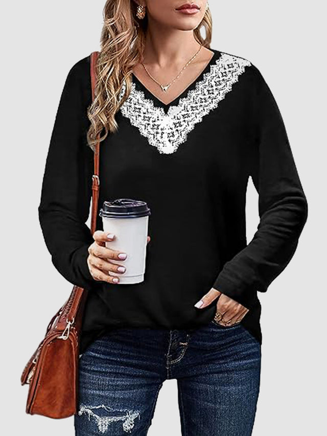 Lace Detail V-Neck Long Sleeve T-Shirt | Hanalas