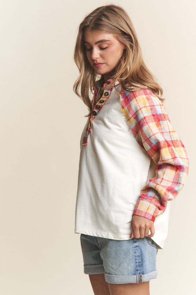 J.NNA Plaid Contrast Button Down Henley Top | Hanalas