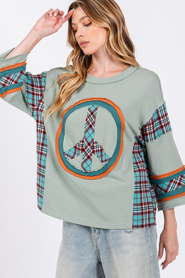 SAGE + FIG Peace Applique Patch Contrast Plaid Top Trendsi Hanalas