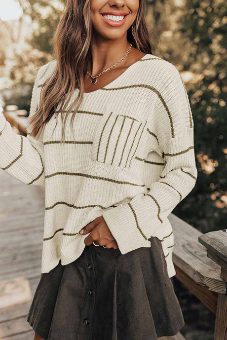 Striped V-Neck Drop Shoulder Sweater | Hanalas