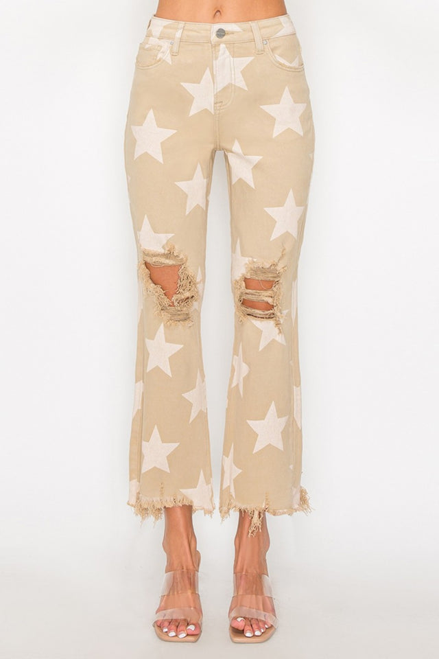 RISEN Full Size High Rise Star Printed Frayed Hem Jeans Trendsi Hanalas