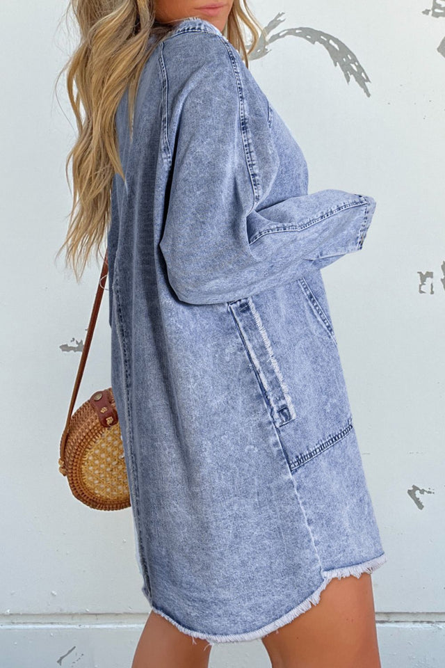 Raw Hem Button Down Long Sleeve Denim Dress Trendsi Hanalas