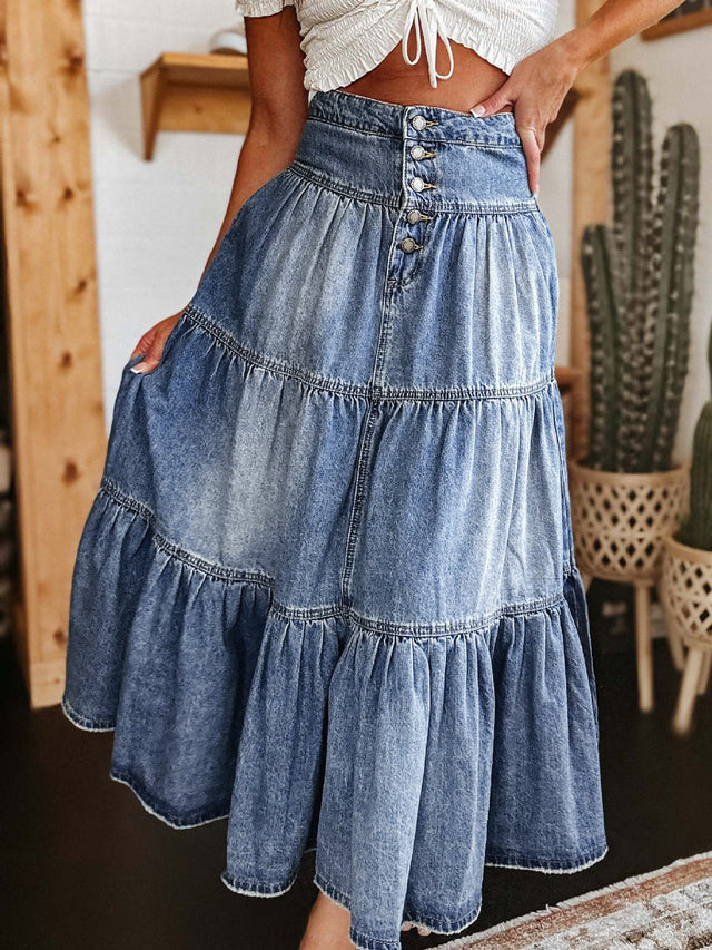 Tiered Button-Fly Denim Skirt | Hanalas