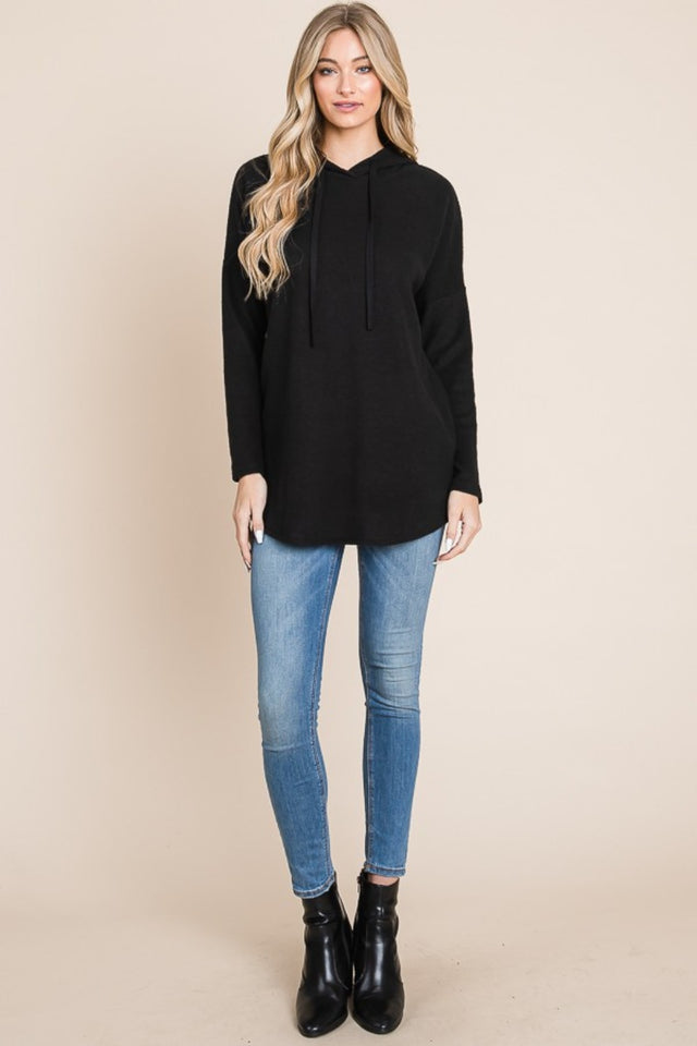 BOMBOM Contrast Drawstring Drop Shoulder Knit Hoodie Trendsi Hanalas