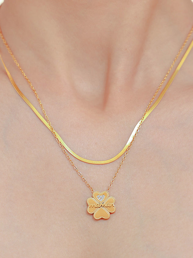 2 Piece 18K Gold-Plated Inlaid Zircon Lucky Clover Necklace | Hanalas