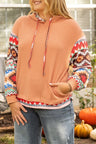 Plus Size Drawstring Geometric Long Sleeve Hoodie