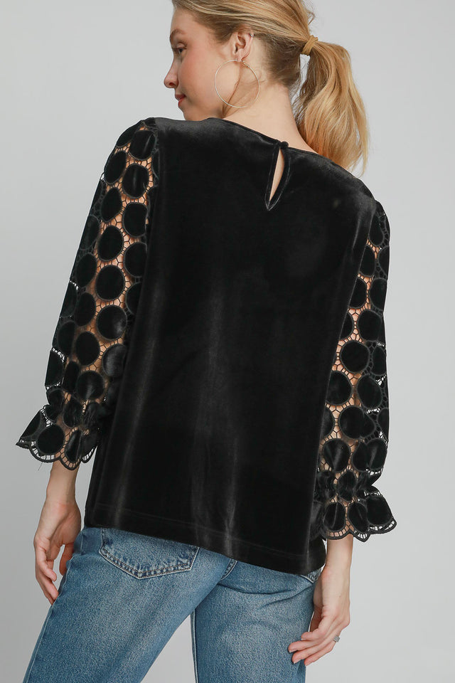 Umgee Polka Dot Lace Long Sleeve Round Neck Blouse | Hanalas