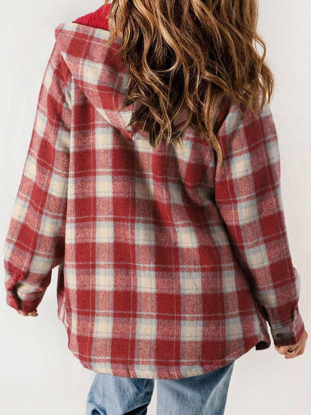 Plaid Snap Down Plush Hooded Jacket | Hanalas