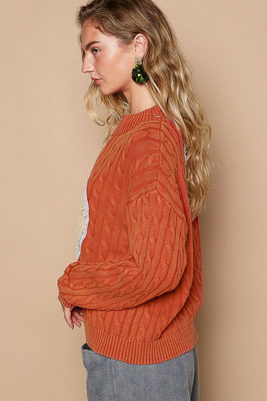 POL Cable-Knit Peace Patch Dropped Shoulder Sweater | Hanalas