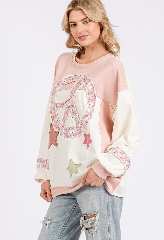 SAGE + FIG Peace & Star Patch Contrast Round Neck Sweatshirt | Hanalas