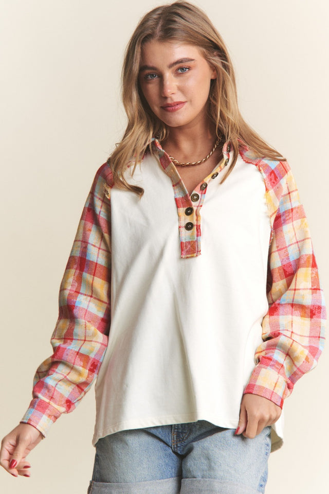 J.NNA Plaid Contrast Button Down Henley Top | Hanalas