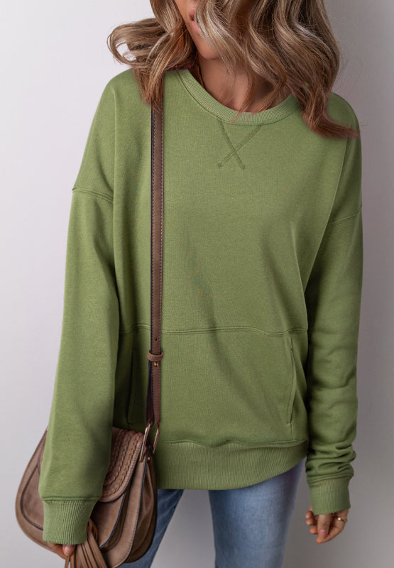 Solid Color Round Neck Long Sleeve Sweatshirt | Hanalas