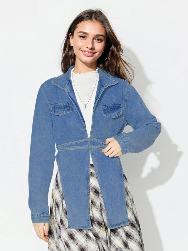 Asymmetric Slit Collared Neck Long Denim Top Trendsi Hanalas