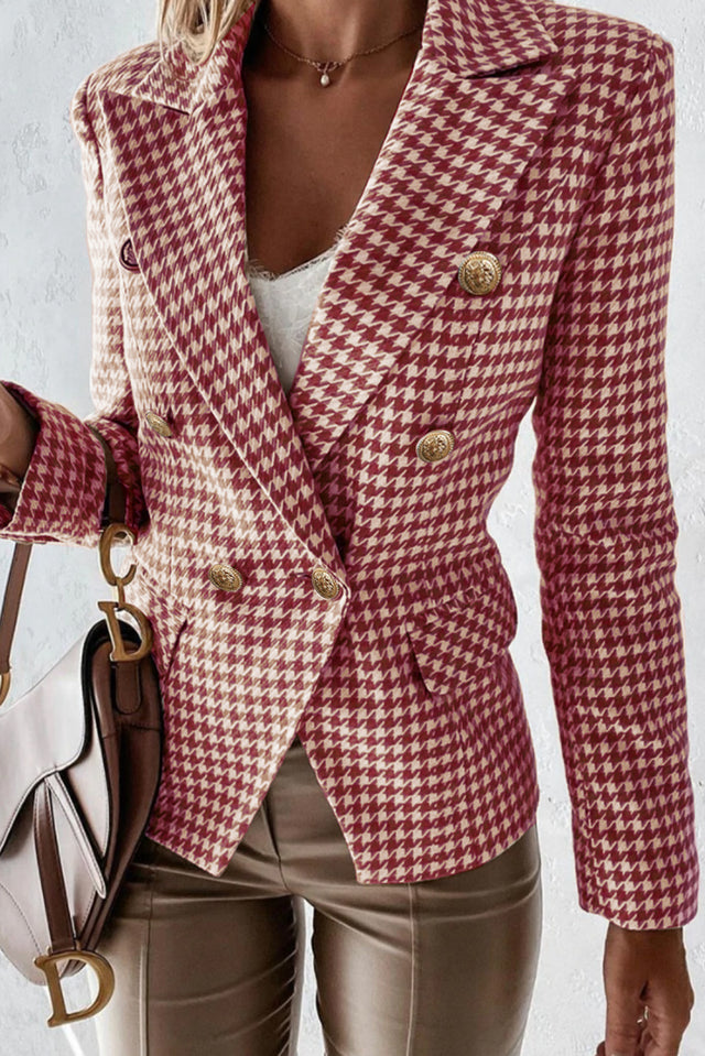 Houndstooth Collared Neck Double-Breasted Blazer | Hanalas