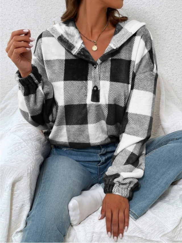 Plaid Half Button Long Sleeve Hoodie | Hanalas