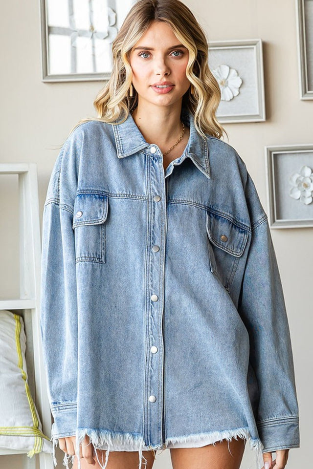 First Love Smile Face Button Down Raw Hem Denim Jacket | Hanalas