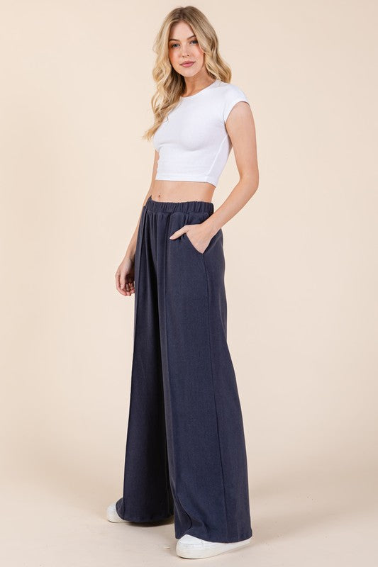 BOMBOM Elastic Waist Wide Leg Pants with Pockets | Hanalas