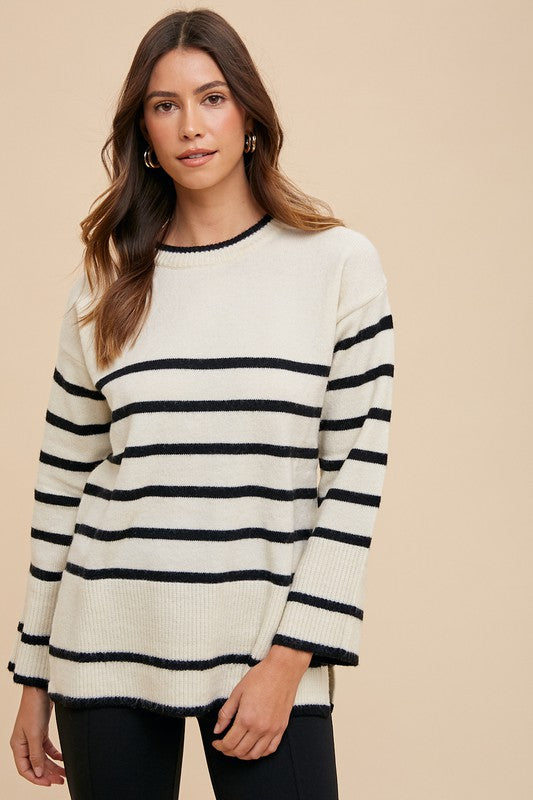 Annie Wear Side Slit Striped Round Neck Sweater | Hanalas